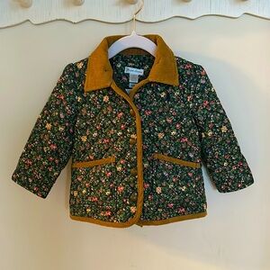 Floral winter coat with detachable hood, metal snap closure & corduroy detailing